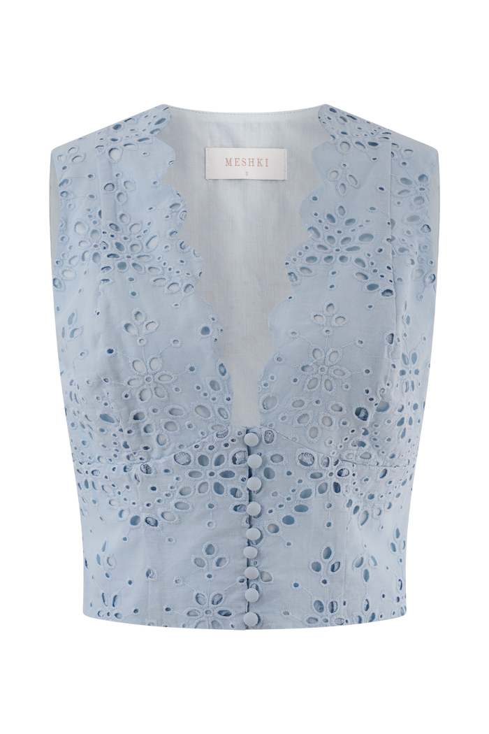 Arla Sleeveless Broderie Top - Pale Cornflower Blue