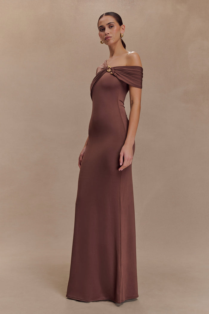 Ashford Asymmetrical Slinky Maxi Dress - Chocolate