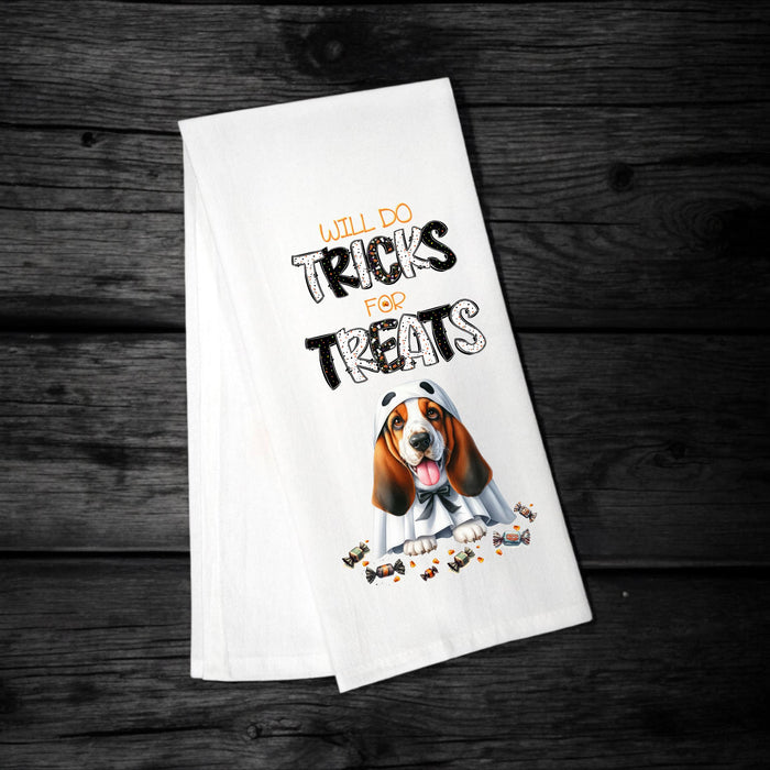 Basset Hound, Will Do Tricks for Treats Tea Towel, Basset Mom, Kitchen Towel, Dish Towel, Flour Sack Towel, Dog Lover Gift - Premium from Pat's Monograms - Just $15.22! Shop now at Pat's Monograms