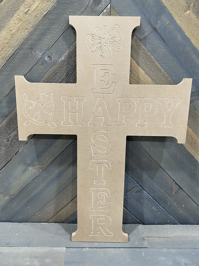 A blank cross-shaped Happy Easter blank sign with various etches designed for DIY painting projects.