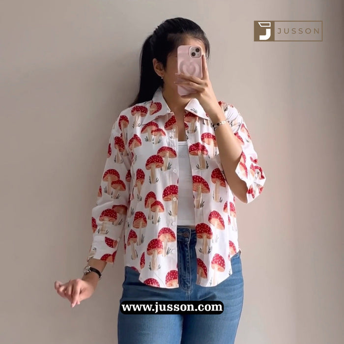 Jusson White Red Mushroom Printed Button Down Shirt