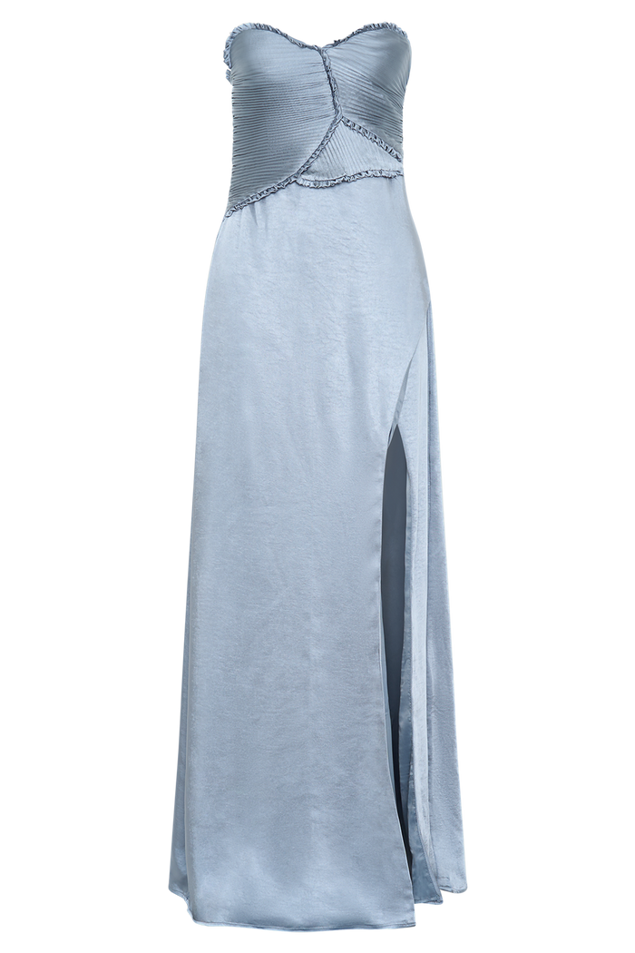 Larissa Satin Maxi Dress With Ruched Petals - Frosted Blue