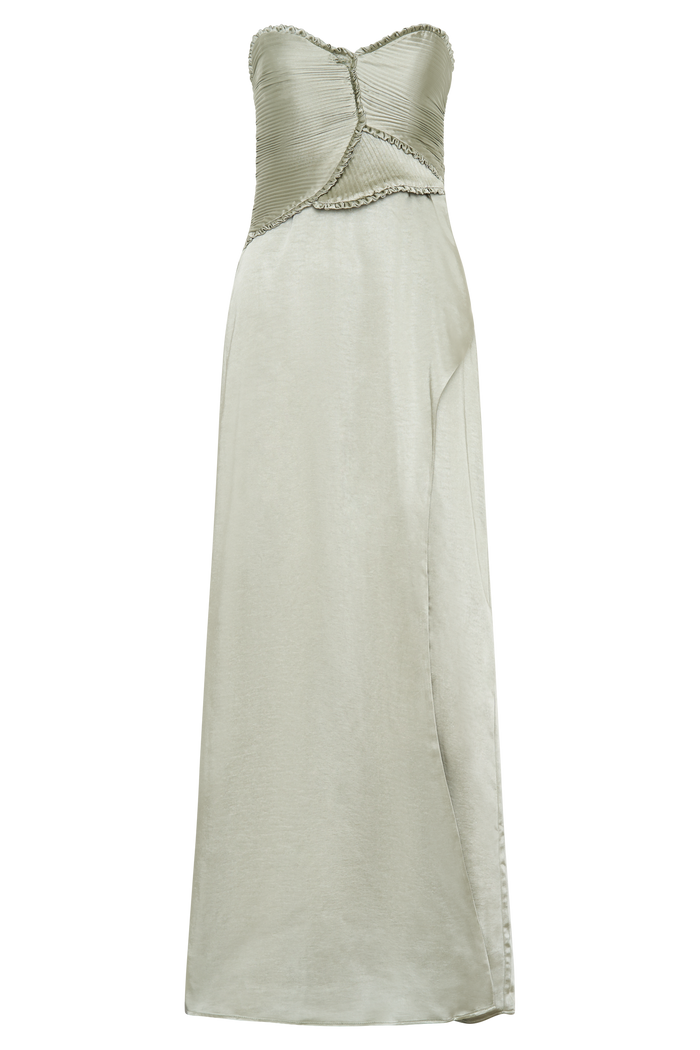 Larissa Satin Maxi Dress With Ruched Petals - Sage