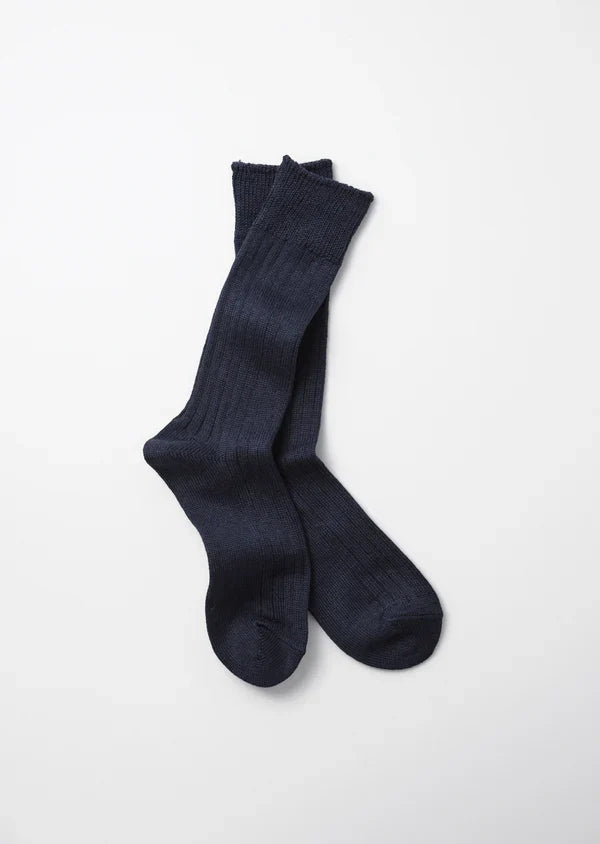 Linen Cotton Rib Crew Socks- Navy