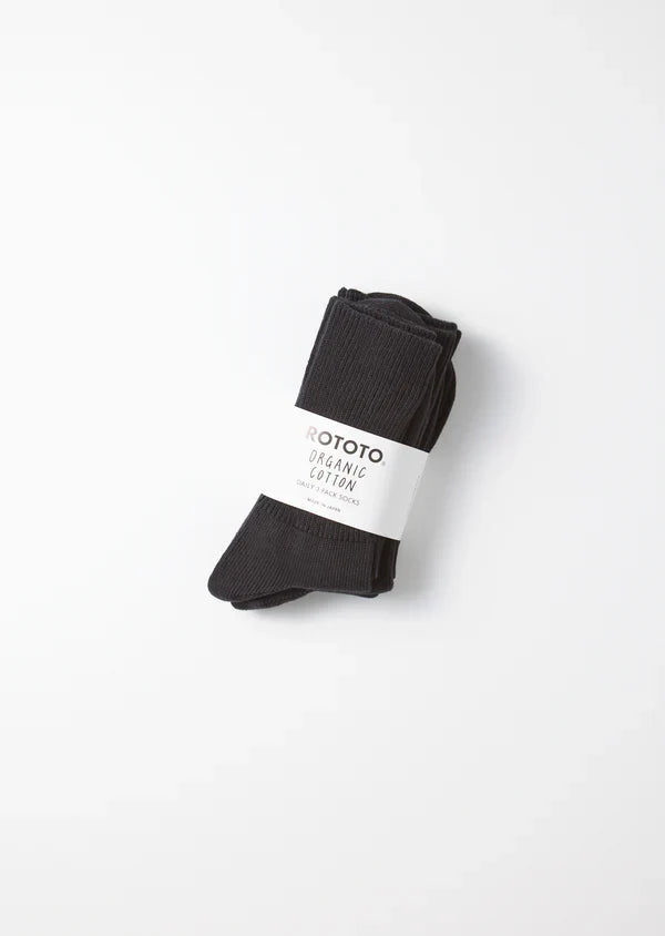 Organic Daily 3 Pack Ribbed Crew Sock- Black