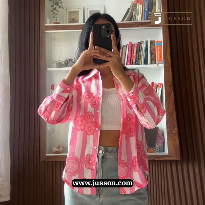 Pink Floral Stripe Printed Button Down Casual Shirt
