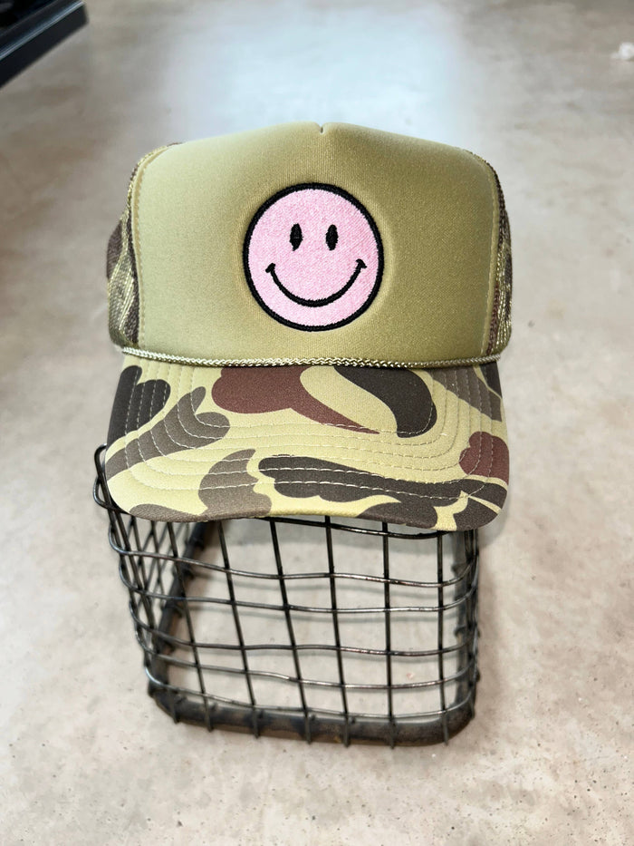 Pink Smiley Camo Foam Trucker - Premium from Vibes Hat Company - Just $22.95! Shop now at Pat's Monograms