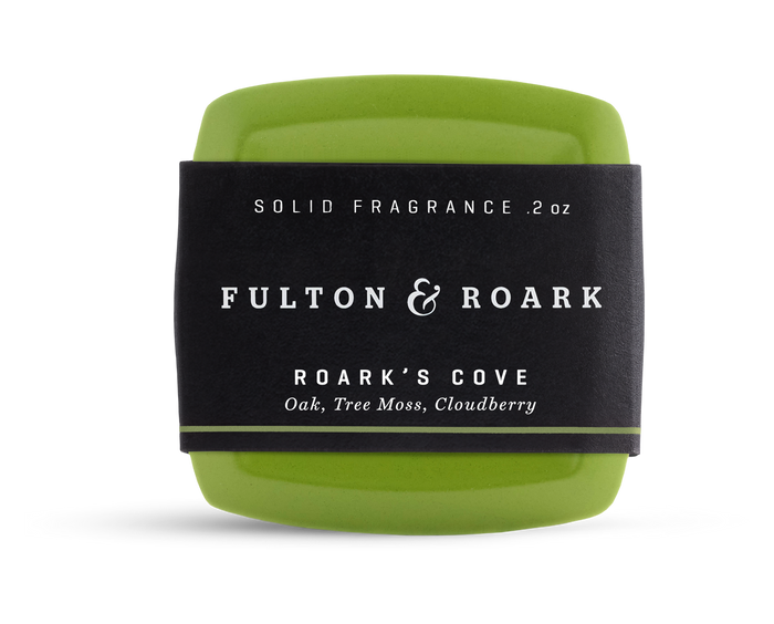 Fulton & Roark Roark's Cove solid fragrance in green compact with black label, oak, tree moss, cloudberry scent