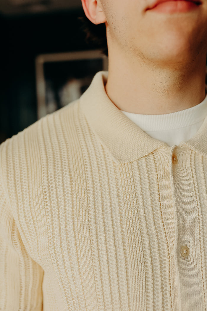 Short Sleeve Knit Shirt- Ecru Mesh Stripe