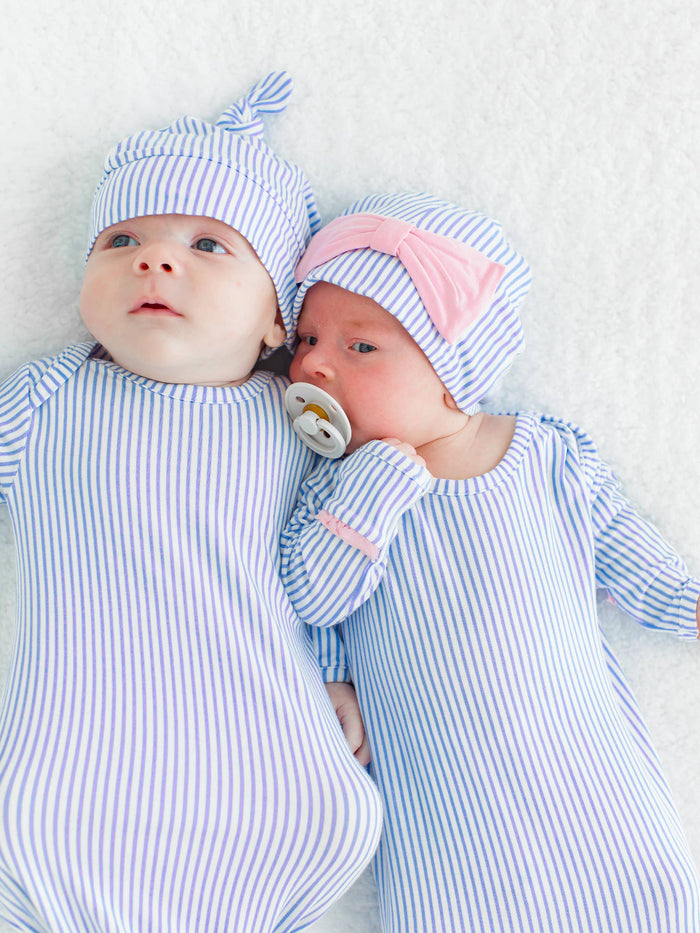 SoftSnooze™ Baby Boys Bamboo Viscose Periwinkle & White Micro Stripe Knotted Sleep Gown & Hat Set - Premium Baby Sleepwear from RuffleButts + RuggedButts - Just $42.95! Shop now at Pat's Monograms
