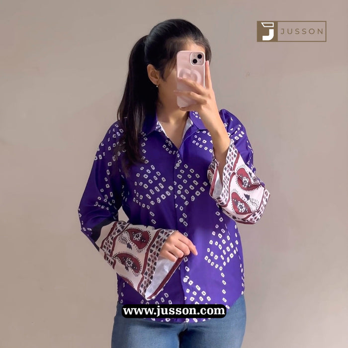 Stylish Purple Bandhni Printed Bell Sleeve Casual Shirt