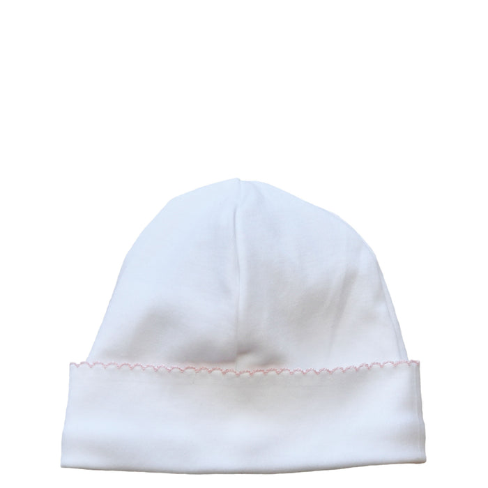 White Pima Cotton Beanie With Pink Picot Trim