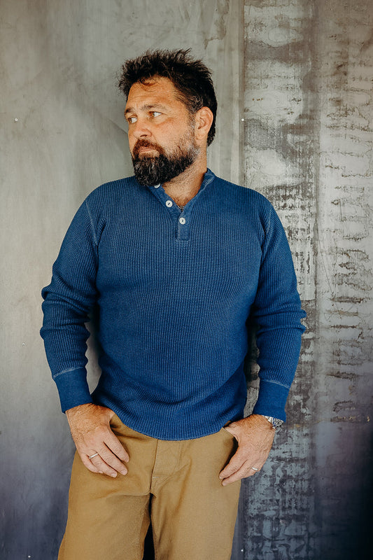 1213 Waffle Knit Long Sleeved Thermal Henley - Indigo Dyed IHTL-1213-IND