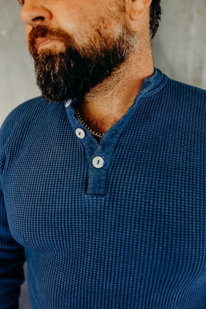 1213 Waffle Knit Long Sleeved Thermal Henley - Indigo Dyed IHTL-1213-IND