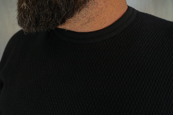 1700 Cotton Knit Crew Neck Long Sleeved Thermal Sweater - Black