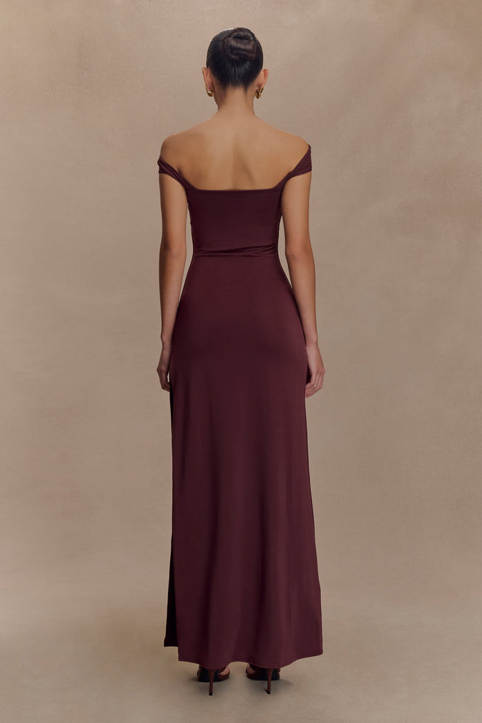 Aurora Slinky And Mesh Split Maxi Dress - Mahogany