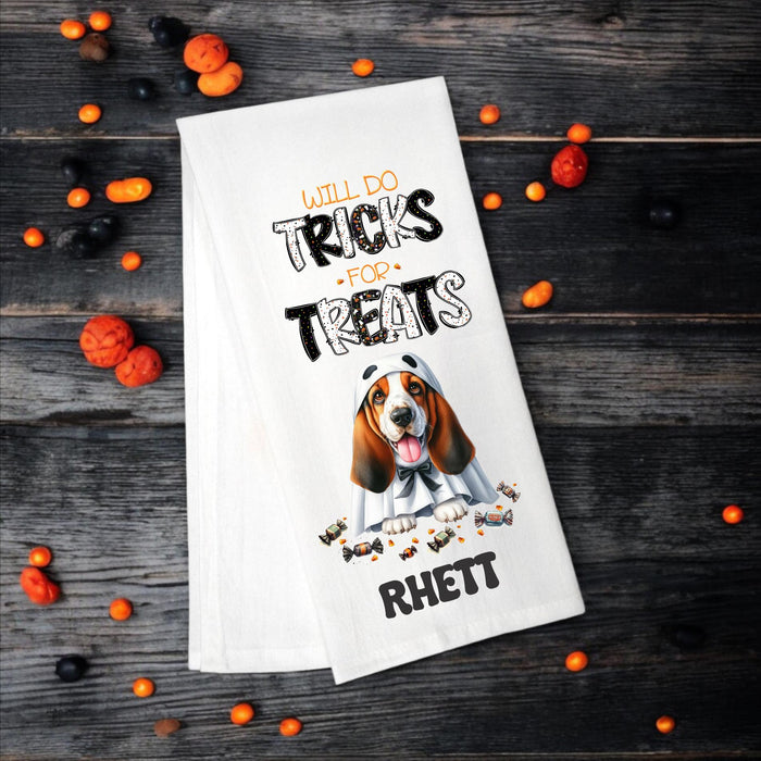 Basset Hound, Will Do Tricks for Treats Tea Towel, Basset Mom, Kitchen Towel, Dish Towel, Flour Sack Towel, Dog Lover Gift - Premium  from Pat's Monograms - Just $15.22! Shop now at Pat's Monograms