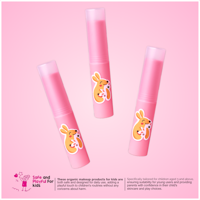 Three pink lip balms with cartoon kangaroo design on a pink background