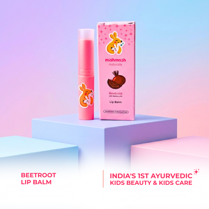 Pink lip balm with packaging on a gradient background, featuring 'mishmash' branding.