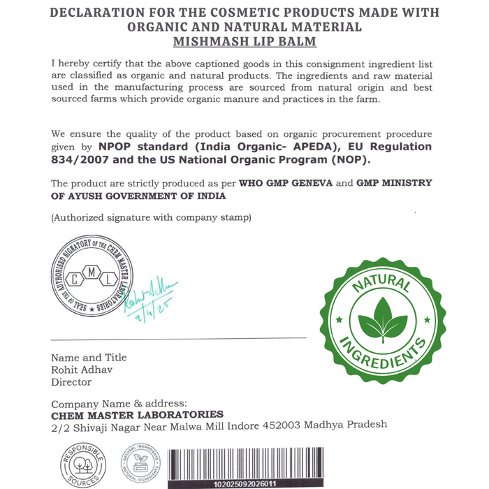 Certification label for Mishmash Lip Balm with organic and natural material, featuring a green stamp and text.