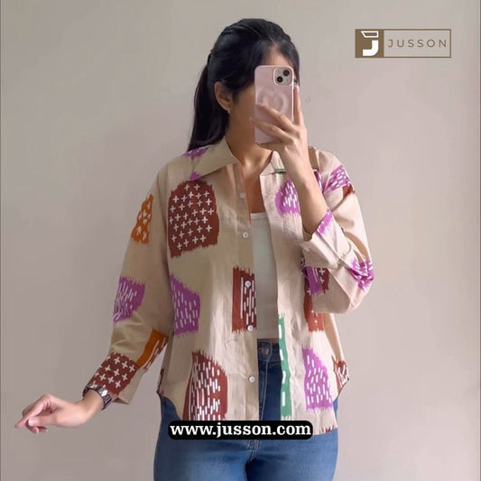 Beige And Lilac Abstract Printed Casual Oversized Shirt