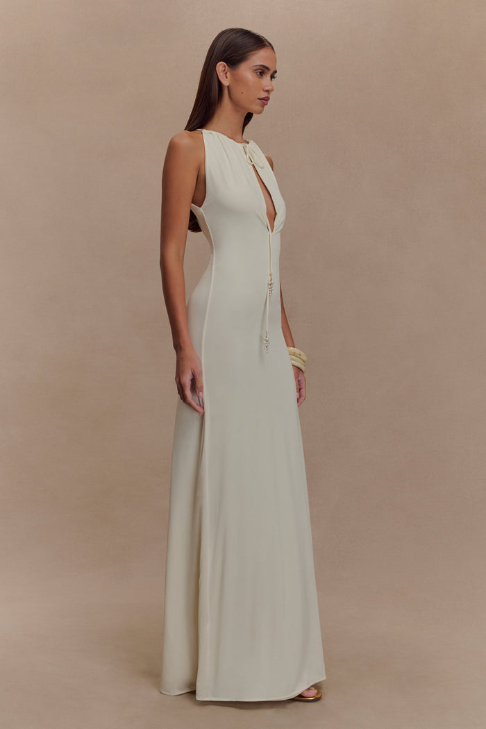 Beryl Slinky Maxi Dress With Pearls - Ivory