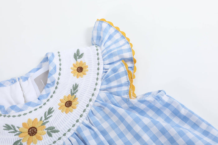 Blue Gingham Sunflower Smocked Bishop Dress - Premium Baby & Toddler Dresses from Lil Cactus - Just $42.95! Shop now at Pat's Monograms