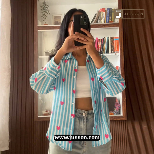 Blue Striped With Pink Heart Printed Casual Shirt