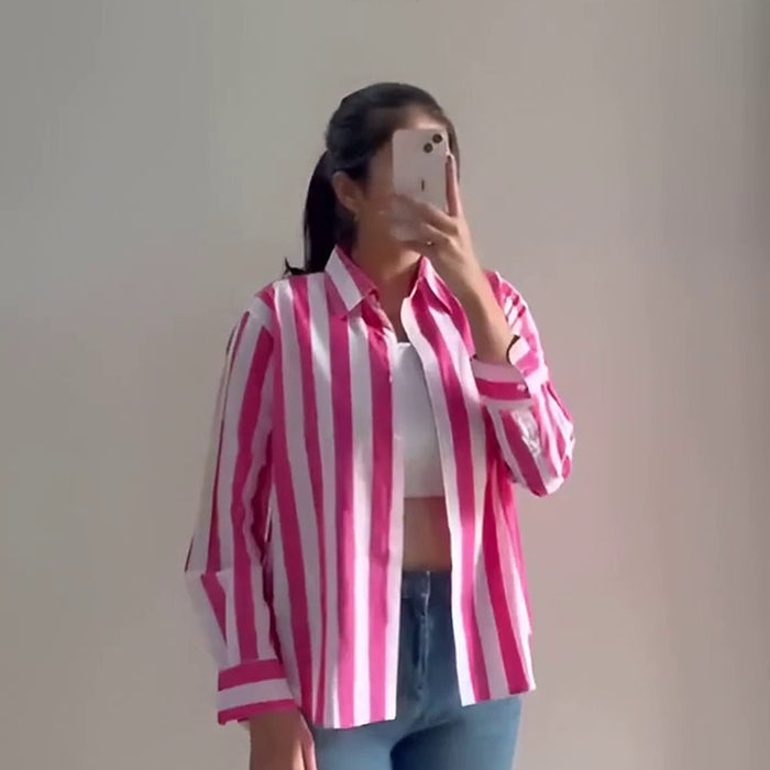 Bold Pink And White Vertical Stripe Casual Shirt