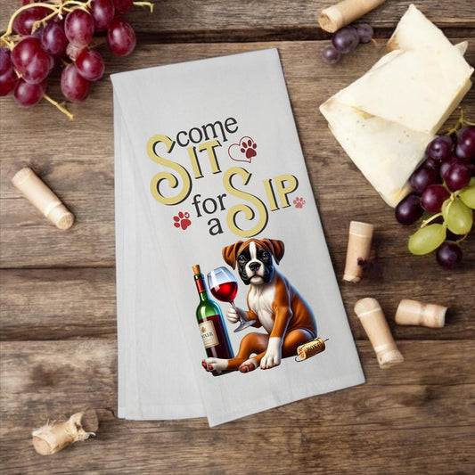 Boxer Dog "Come Sit for a Sip" Tea Towel - Premium Kitchen Towel from Pat's Monograms - Just $14.95! Shop now at Pat's Monograms