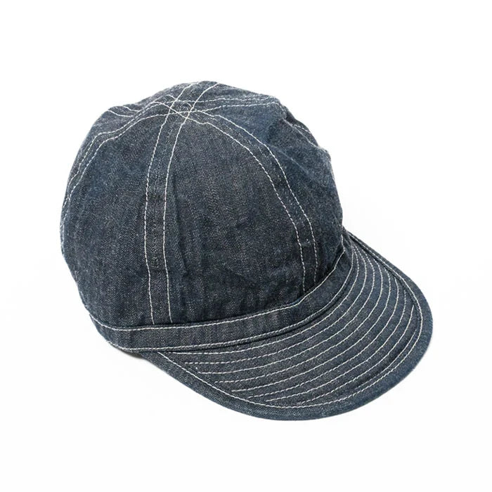 Blue denim cap on a white background