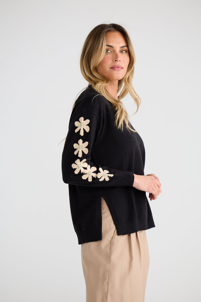 Brave + True Britney V-Neck Knit Jumper in Black Flower | Women's Knitwear | Gretel Lane