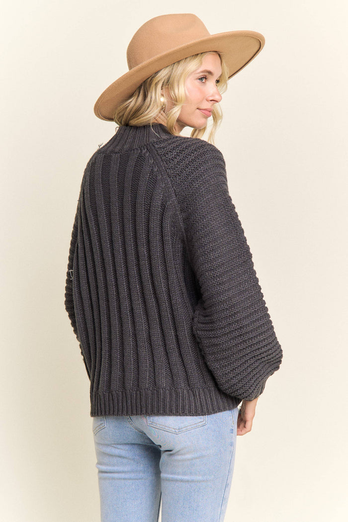 CABLE KNIT MOCK NECK SWEATER