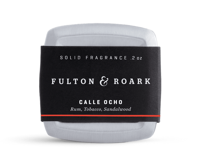 Fulton & Roark Calle Ocho solid fragrance tin with black label featuring rum, tobacco, sandalwood scent, 0.2 oz