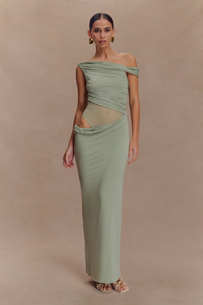 Callen One Shoulder Slinky Maxi Dress - Sage
