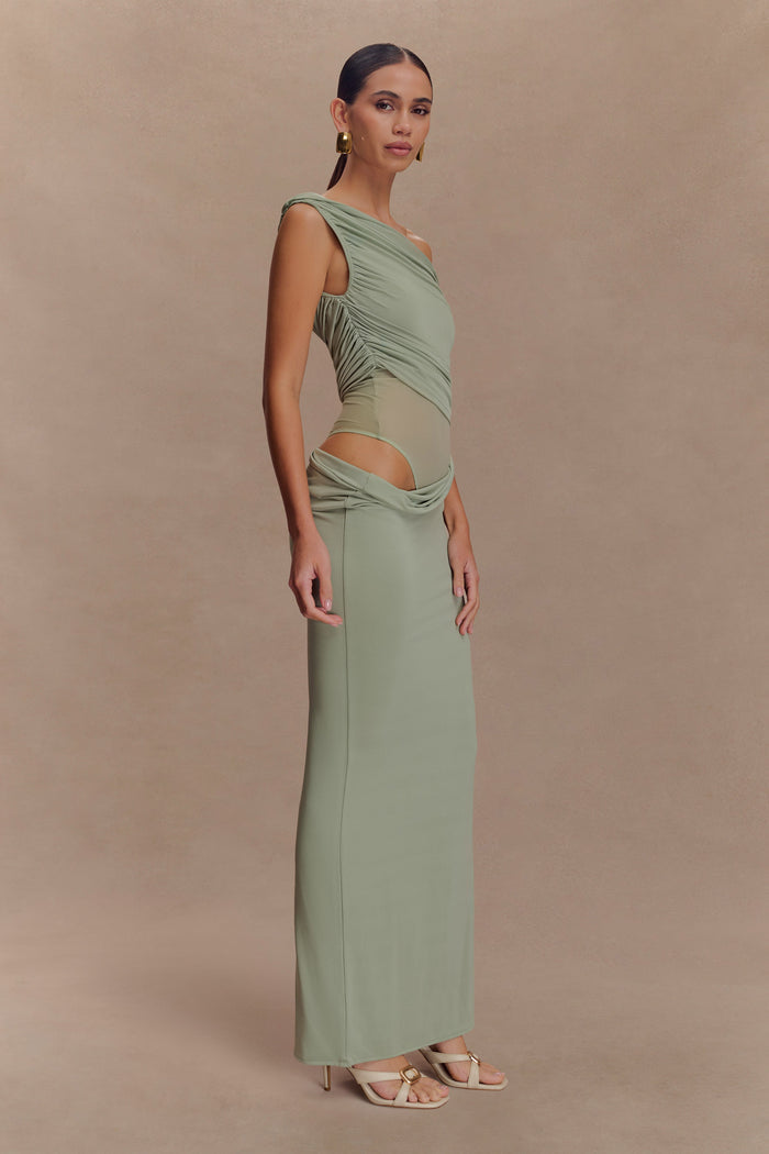 Callen One Shoulder Slinky Maxi Dress - Sage