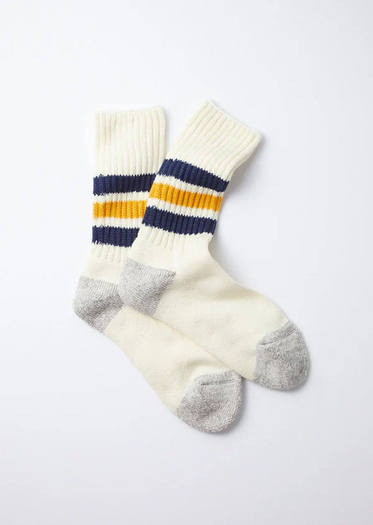 Coarse Ribbed Old School Crew Socks in Navy/Yellow
