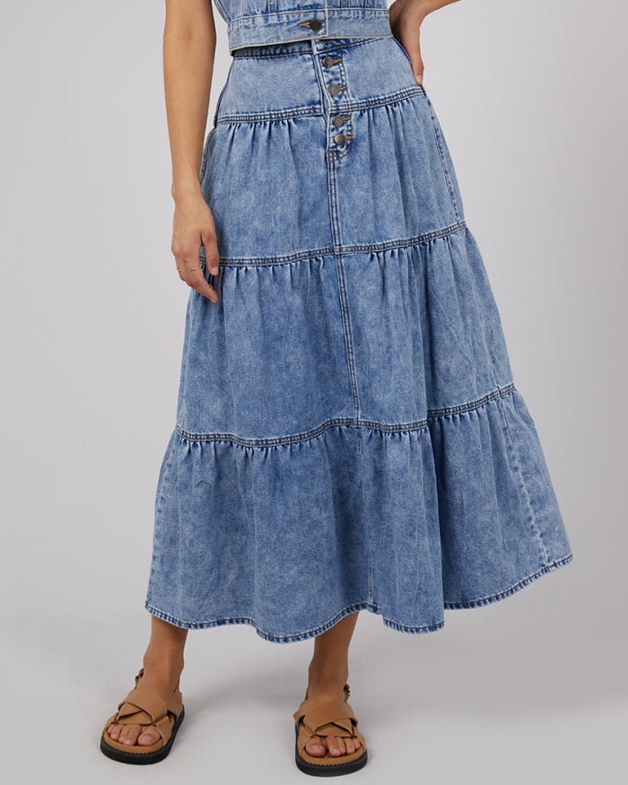 Women's tiered denim maxi skirt | All About Eve