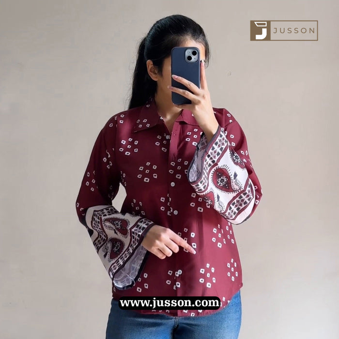 Coffee Printed Bell Sleeve Casual Shirt