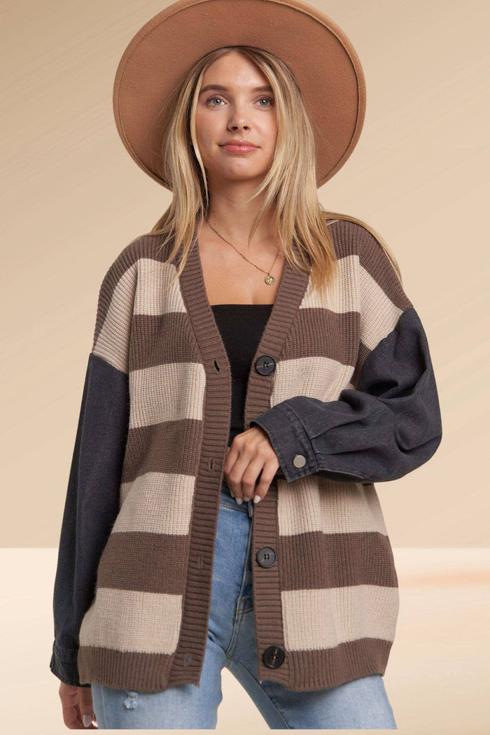 DENIM SLEEVE STRIPE SWEATER CARDIGAN