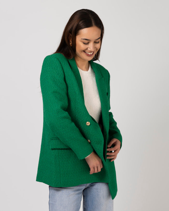100% Polyester textured boucle blazer in Jade Green