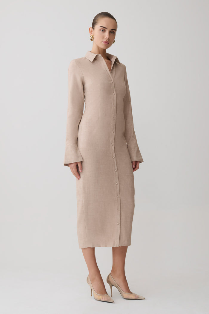 Dorian Fitted Shirt Midi Dress - Wheat Marle