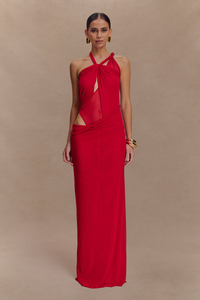 Edwina Knotted Mesh Maxi Dress - Red