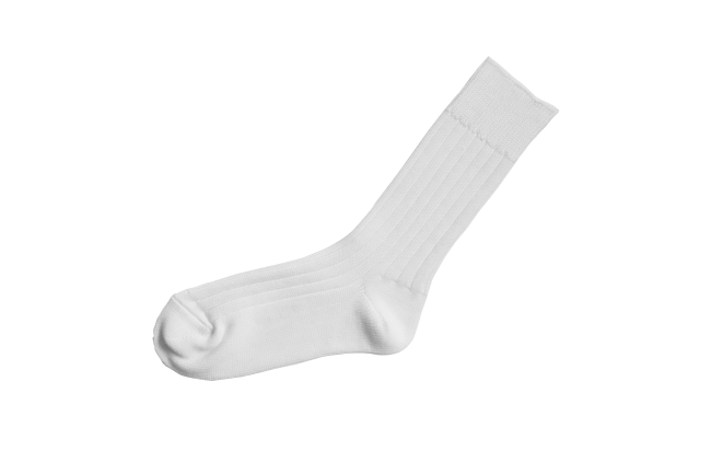 Single white crew sock with ribbed texture, isolated on black background