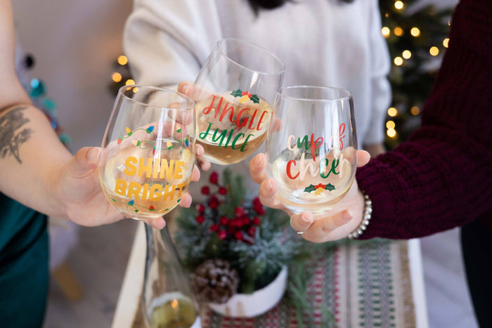 Festive Shine Bright Christmas Stemless Wine Glass - Premium drinkware from Pearhead - Just $7.95! Shop now at Pat's Monograms