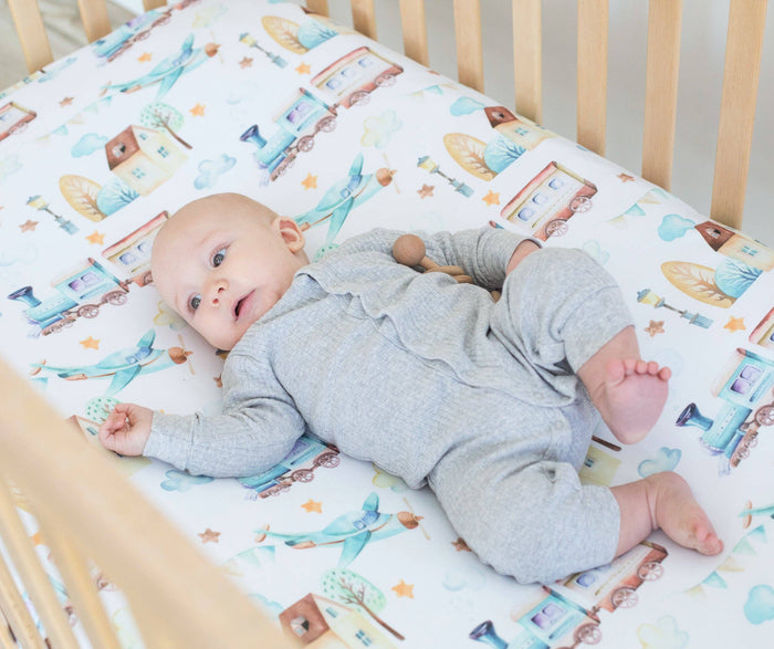 Fitted Crib Sheet - Airplane & Train - Premium Just for baby from Honey Lemonade - Just $29.95! Shop now at Pat's Monograms