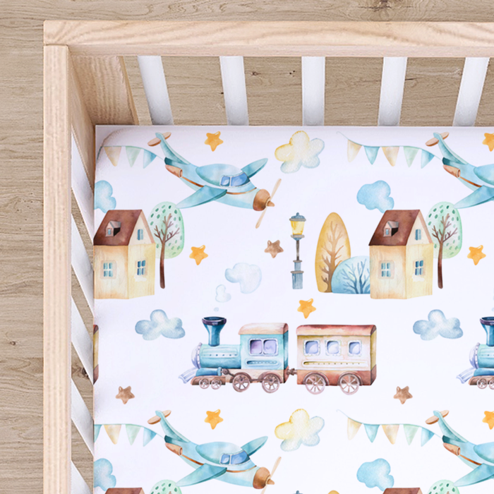 Fitted Crib Sheet - Airplane & Train - Premium Just for baby from Honey Lemonade - Just $29.95! Shop now at Pat's Monograms