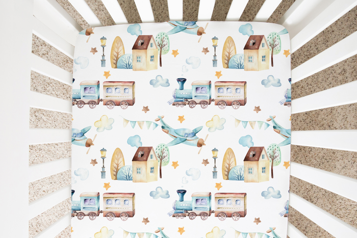 Fitted Crib Sheet - Airplane & Train - Premium Just for baby from Honey Lemonade - Just $29.95! Shop now at Pat's Monograms