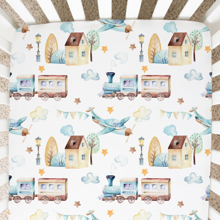Fitted Crib Sheet - Airplane & Train - Premium  from Honey Lemonade - Just $28! Shop now at Pat's Monograms