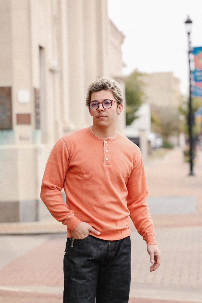 FN-THLH-004 -The Flat Head  Thermal L/S Henley T-shirt  - Light Orange